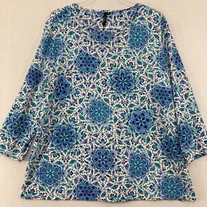 Cathy Top size XL Blue Abstract Floral Elegant 3/4 Sleeve Stretch Popover Office